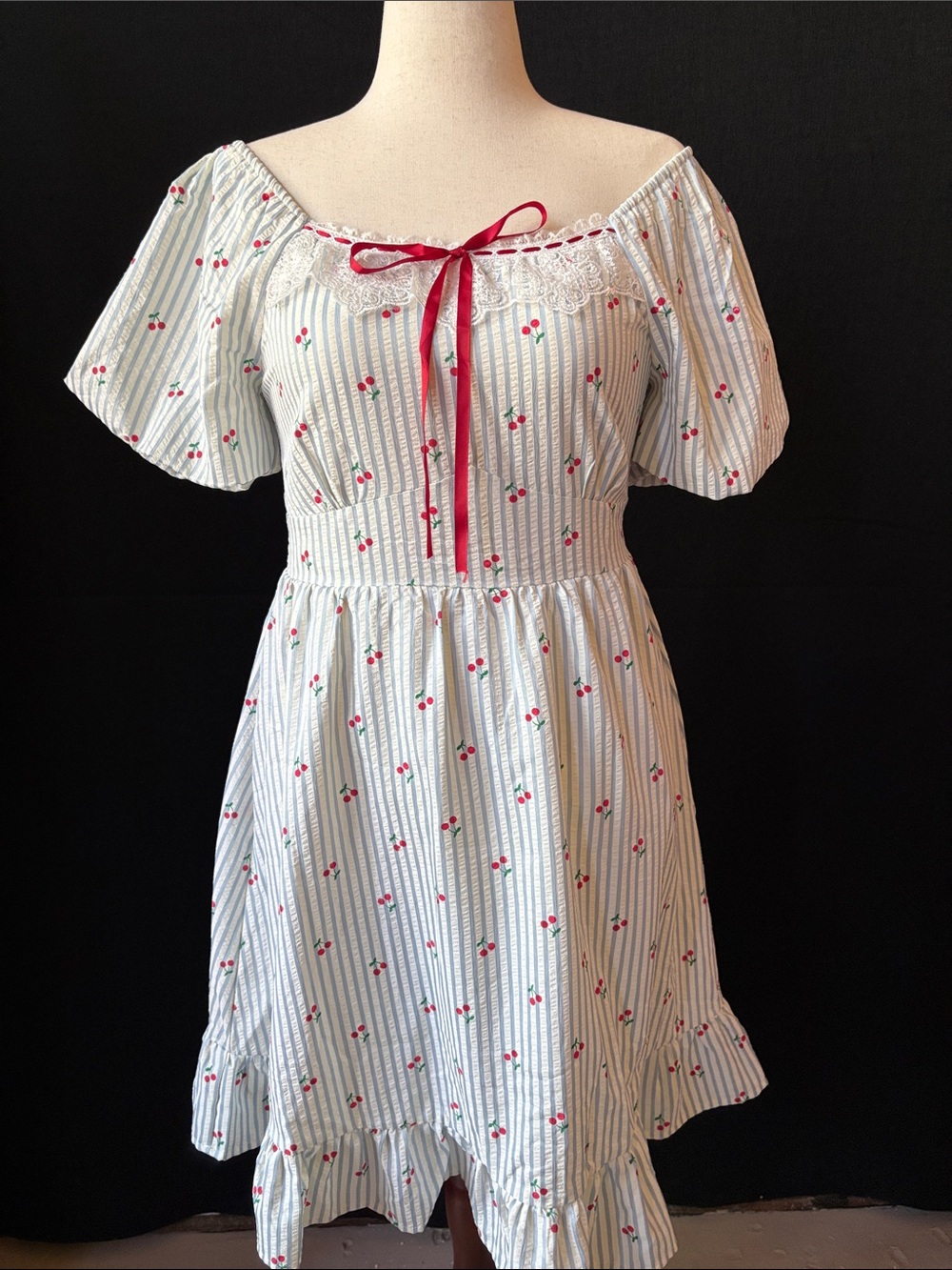 Vintage-Inspired White & Light Blue Striped with Cherries and Ribbon Tie - Picture 4 of 11